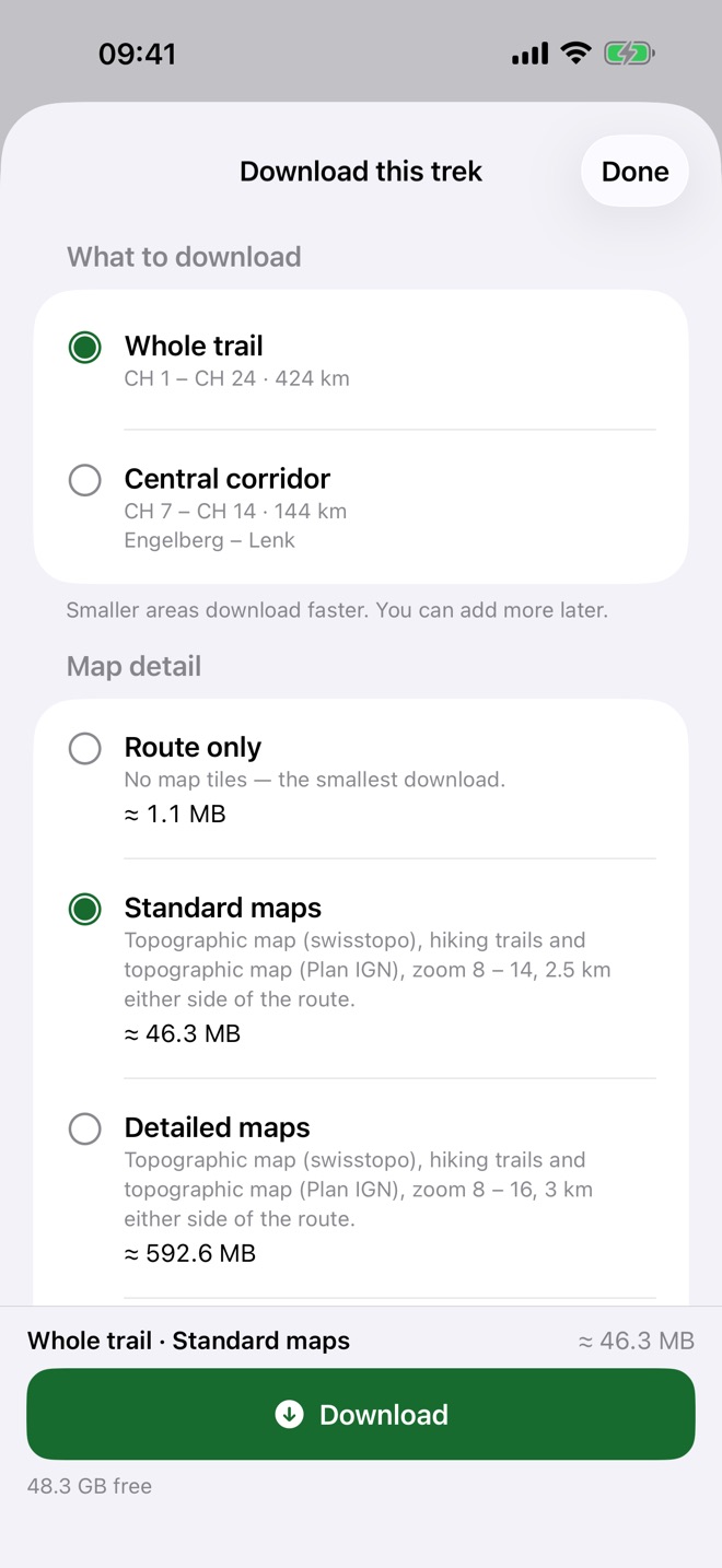The downloads screen with size estimates for a route corridor