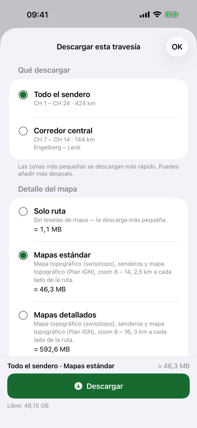 La pantalla de descargas con el tamaño estimado del corredor de una ruta