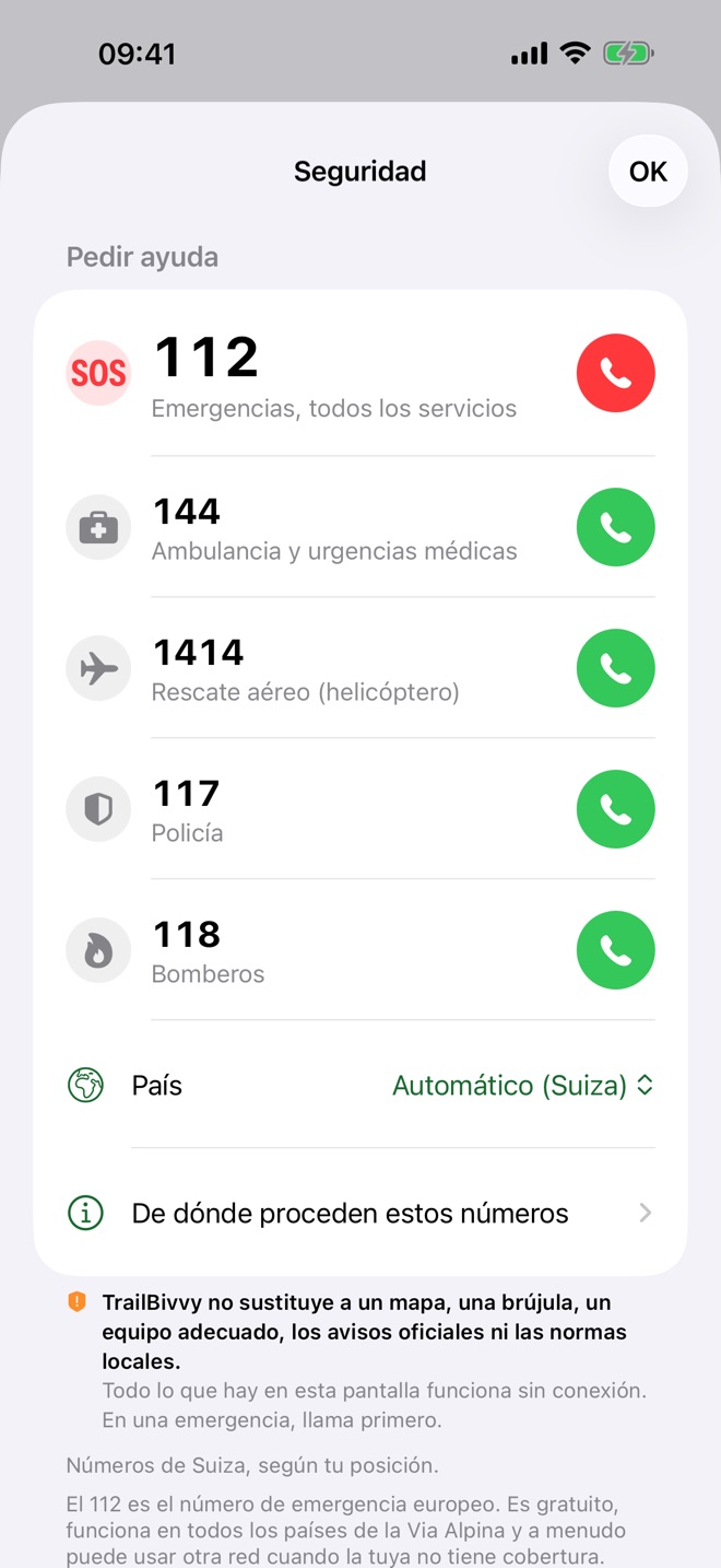 La pantalla Seguridad con los números de emergencia de Suiza