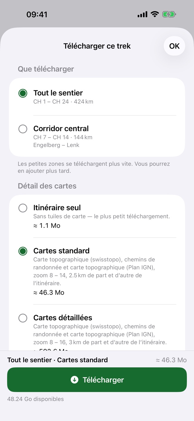 L’écran des téléchargements avec des estimations de taille pour un corridor d’itinéraire