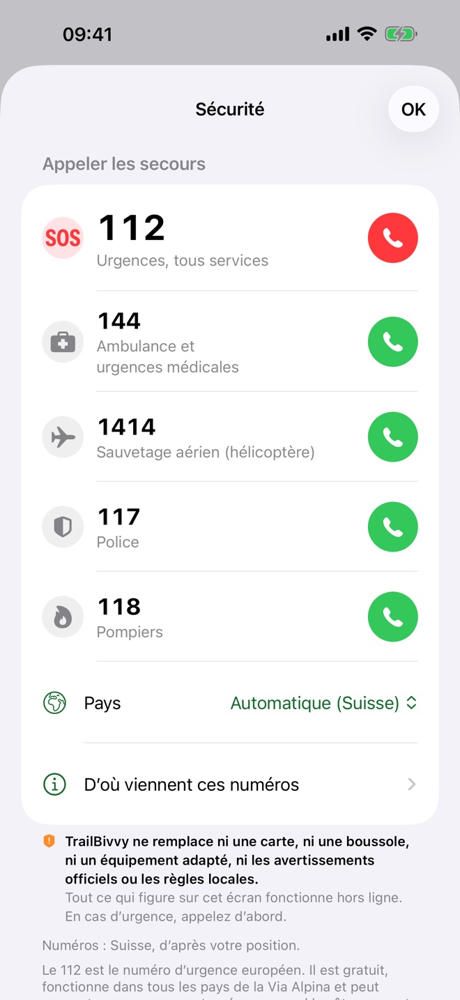 L’écran Sécurité avec la liste des numéros d’urgence pour la Suisse
