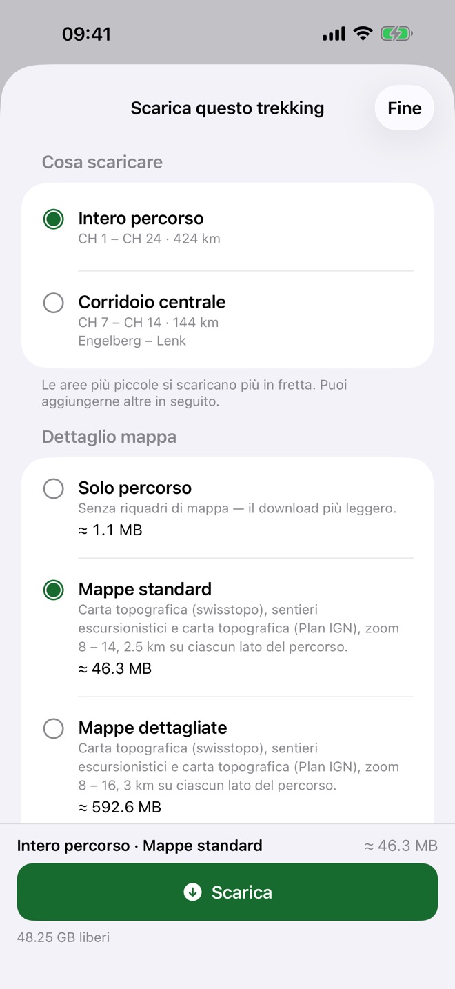 La schermata dei download con le dimensioni stimate per un corridoio lungo il percorso