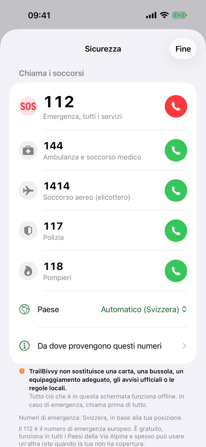 La schermata Sicurezza con i numeri di emergenza per la Svizzera